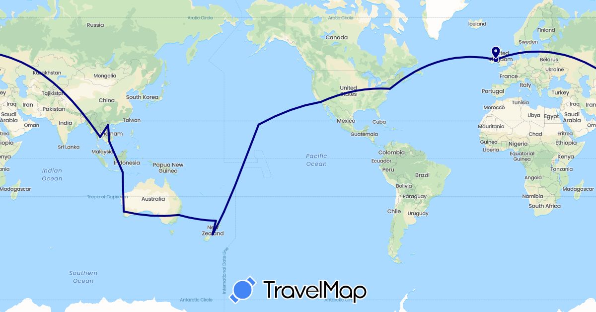 TravelMap itinerary: driving in Australia, Indonesia, Ireland, New Zealand, Thailand, United States, Vietnam (Asia, Europe, North America, Oceania)